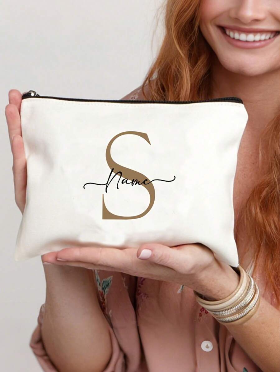 1pc Personalized Name Makeup Bag, Simple Flower Letter Pattern A-Z Custom Gift Bag, Toiletry Bag, Women'S Wallet, Unisex, Cute, Unique Customized Bridesmaid Gift, Winter Fashion, Christmas/Valentine'S Day Gift, Travel Bag Ideal Gift For Family, Friends, Girlfriend Anniversary - Beige - View 1