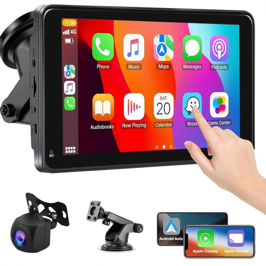 Portable Car Radio Wireless Apple Carplay Android Auto, 7 Inch Touchscreen Car Play Screen With Bluetooth GPS Airplay Mirror Link FM Transmitter AUX + AHD Led Backup Rearview Camera - 7 Inch - View 1