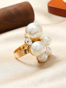 1pc Fashionable Exaggerated Adjustable Floral Shaped Pearl And Diamond Ring