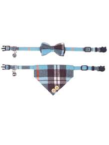 1/2pcs Plaid Pattern Cat Collar Accessories, Adjustable Kitten Bib With Cute Bowknot Buckle Puppy Necklace Set