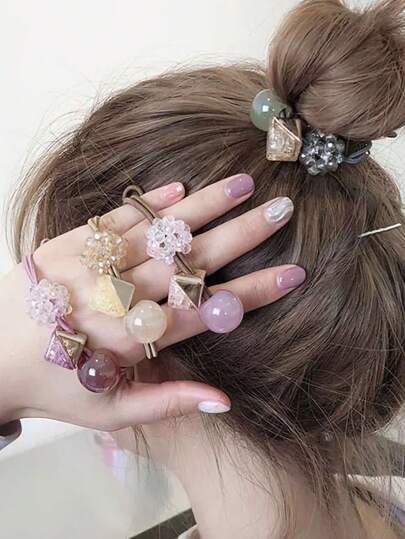 4件/8件套装 新款女士弹力发圈 彩色发圈 丸子头饰 女士发饰 马尾辫发圈 发绳 健身美容化妆女士配饰