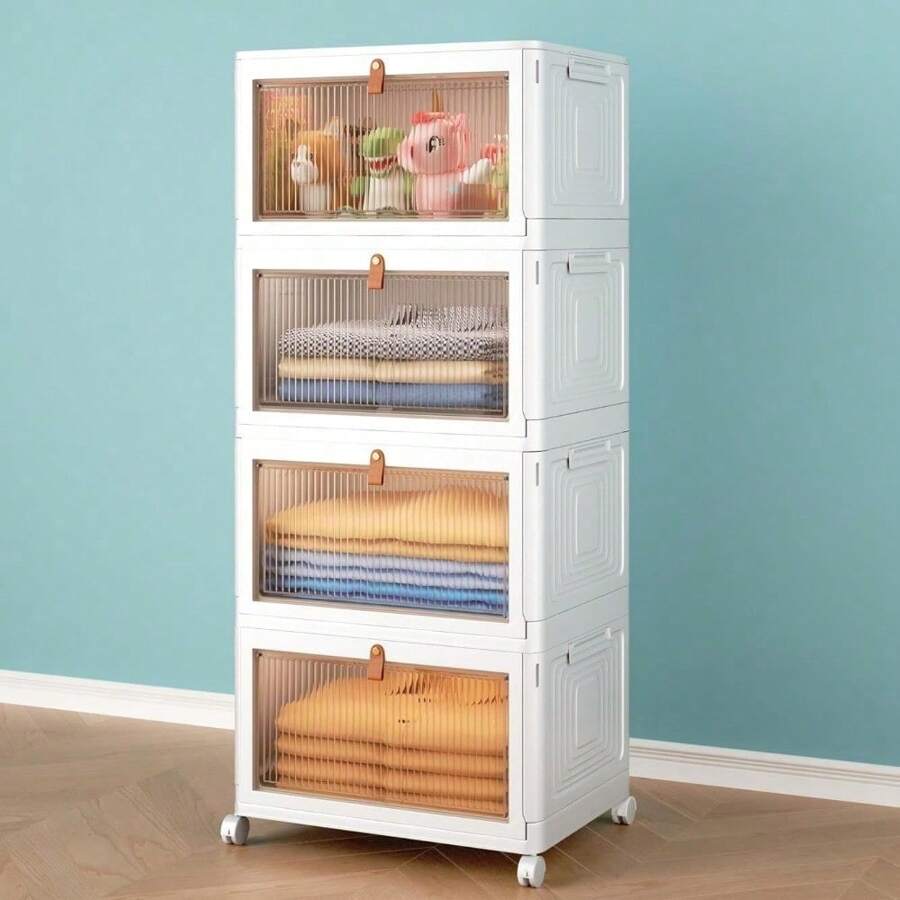 4 Tier Stackable Plastic Storage Bins with Lid and Wheels - 23 QT Closet Organizers and Storage, Foldable Storage Containers, Organization and Storage Boxes for Craft, Home, Pantry, Dorm,Yellow - Blanco - Ver 1