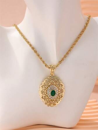 1pc French Romantic Middle Eastern Saudi Arabian Palace Style Hollow Metal Rhinestone Pendant Necklace, Suitable For Wedding, Party, Holiday, Mother's Day Gift (Necklace Only, No Box)