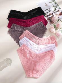 FINETOO 6pcs Women Solid Color Lace Patchwork Criss-Cross Sheer Hollow Sexy Thong Panty Set