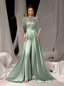 Faeriesty Elegant Satin Jumpsuit With Glittering Sequin Embroidery & Floor-Length Trail | Luxury Evening Wear For Black Tie Galas, Weddings, Formal Events