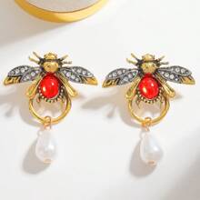 1 对女式萤火虫水钻和人造珍珠波西米亚森系风格耳环，适合夏季日常佩戴