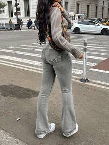 女式秋季度假风格休闲破洞紧身喇叭牛仔裤 - 淺灰色 - 查看 8