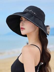 1pc Women's Letter Design Foldable Wide Brim Sun Hat, Solid Color Bowknot Bucket Hat, Suitable For Spring/Summer Outdoor Activities, Shopping, Traveling - A - View 6