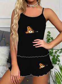 Conjunto de 2 piezas con camisa de tirantes y manga corta con estampe de oso negro