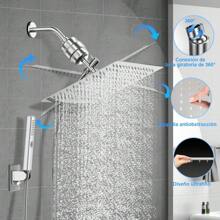 Regadera para Baño con Filtro, 10" Cabeza de Ducha Antióxido con Shower Head de Mano, 20 Capas de Filtrado, Regadera Cuadrada de Alta Presion, con 2 Cartuchos Filtrantes y Todos Los Accesorios