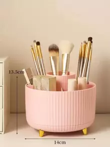 360°Rotating Makeup Organizer - 1pc Plastic Cosmetic Storage With 5 Compartments - Multi-Functional Holder For Brushes, Lipsticks, Skin Care Products, And Stationery - Unscented Desk Caddy With Luxury Stripe Design Home Bathroom Decor Summer Makeup Organizer Back To School
