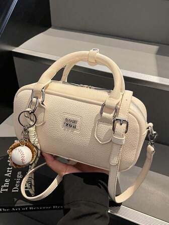 1 件字母印花绳手提保龄球包，百搭时尚女士斜挎单肩包，附赠吊坠配饰