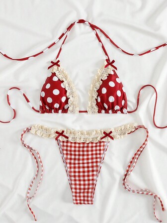 PEPPERMOLLY 全新柔软波尔卡圆点蕾丝荷叶边蝴蝶结装饰吊带性感派对比基尼套装，女士优雅夏季海滩时尚泳装