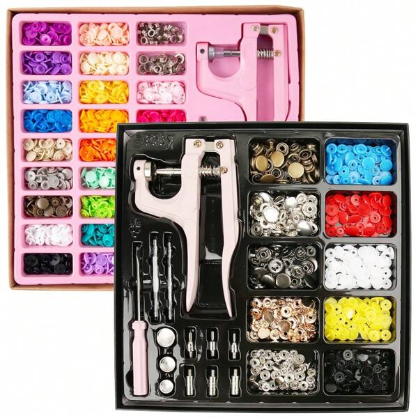 250 piezas de botones a presión plásticos T5 de 10-25 colores, 10 piezas de botones a presión metálicos de 12.5mm 203#, 10 piezas de ojales de 5mm, alicates de instalación multifunción, juego de herramientas de costura para el hogar