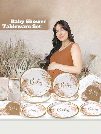 40 件波西米亚婴儿送礼会盘子和餐巾餐具套装，波西米亚蒲苇花卉彩虹拱门派对餐具用品，适用于婴儿活动、男孩和女孩生日婴儿送礼会