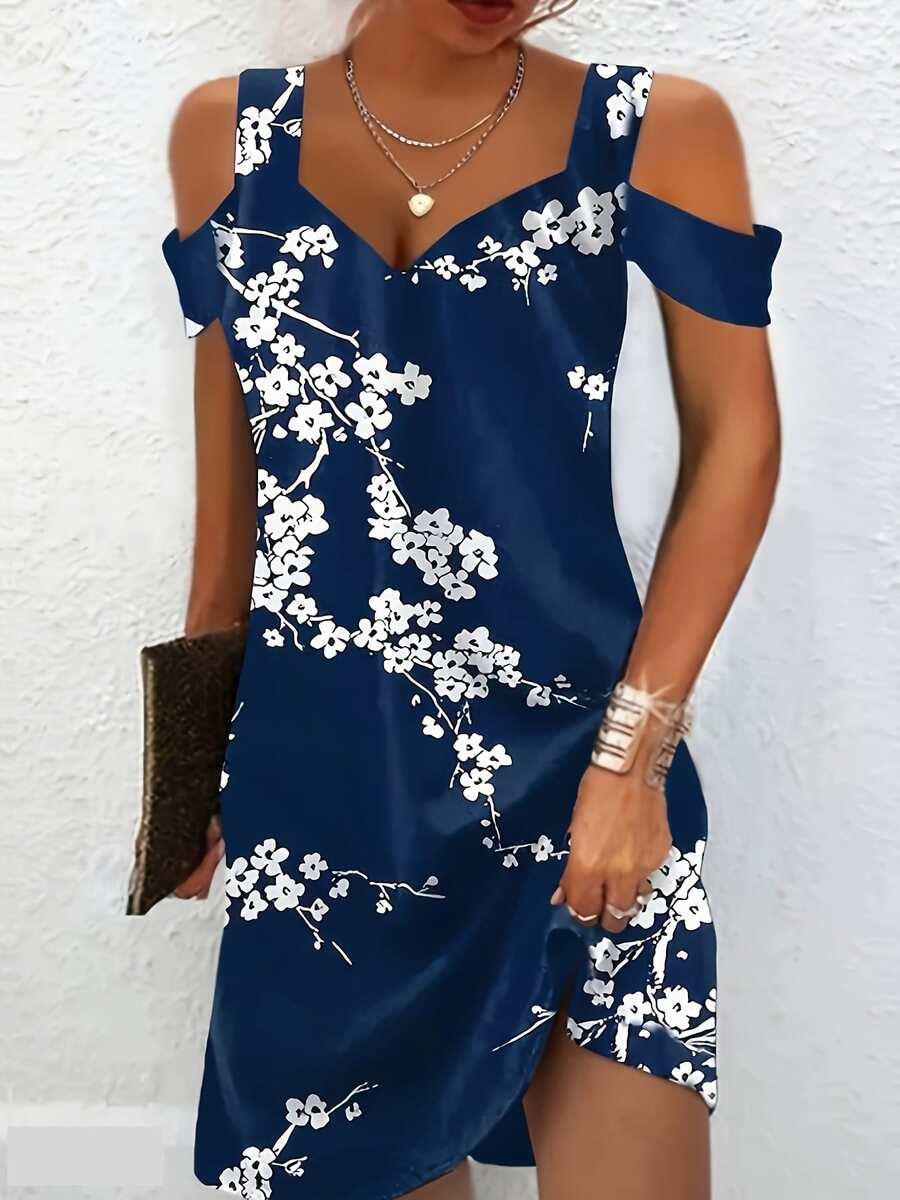 女士花卉印花露肩休闲连衣裙，V 领短袖连衣裙，度假风格夏装 - 藍色 - 查看 1