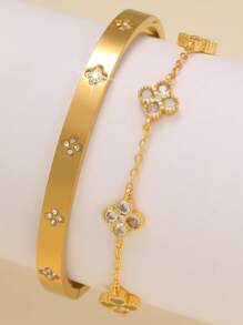 时尚奢华优雅四叶草锆石不锈钢手链和手镯套装，适合女士，适合多种场合搭配和赠送朋友 - 金黃色 - 查看 9