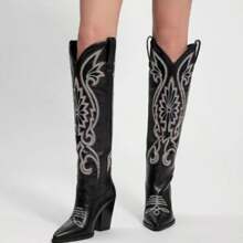 Botas altas de vaquera hasta la rodilla para mujer con punta bordada, tacón ancho y fácil de poner - Botas occidentales retro altas