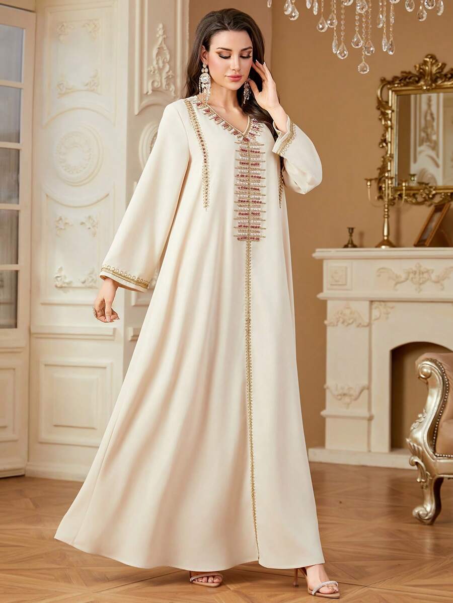 Elegant Long Dress With Arabic Embroidery And Beading, Minimalist Design - Apricot - View 1