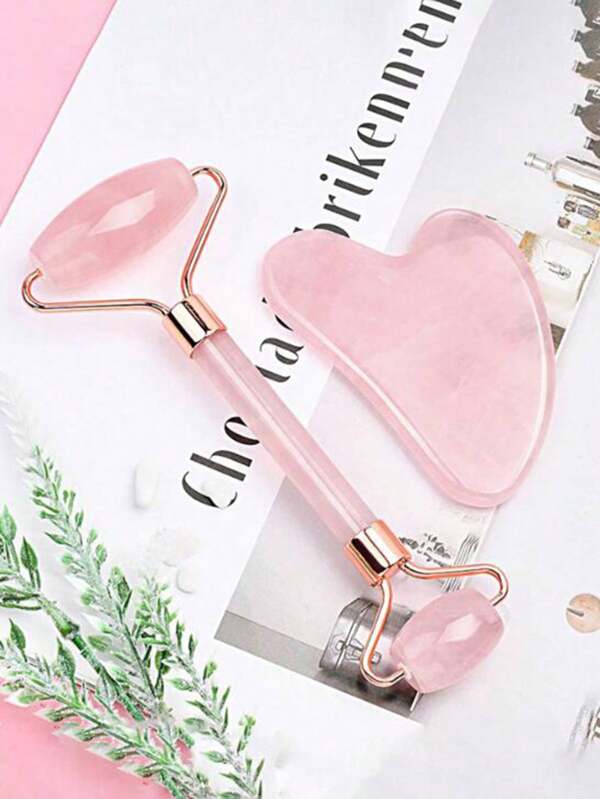 1Set Rose Quartz Double Head Roller Massager Heart Shaped Face Eye Massage Scraping Gua Combination Set