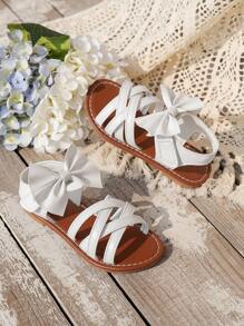Girls Flat Sandals With Striped Woven Strap & Bow Decor, Lightweight Anti-Slip Comfortable Fashionable For Outdoor Play, Home, Beach, Vacation - White - View 4