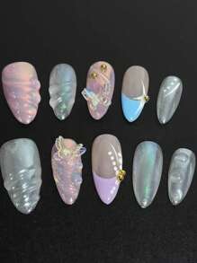 10件美甲，2025夏季新款蓝粉色立体雕花蝴蝶结手工按压可拆卸法式杏仁佩戴指甲，适合女孩和女士在节日或特殊场合佩戴美甲用品指甲 - Follow Your Heart - 查看 2