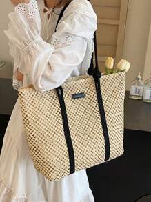 Fashionable Color-Blocking Straw Tote Bag, Versatile With Elegant Shoulder Straps. Summer & Beach Essentials, Large Capacity, Portable For Women, Teen Girls, College Students, Office Workers. Perfect For Work, School, Vacation, Beach