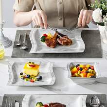 MALACASA 18 Piece Ceramic Dinnerware Set For 6 People, Gray Set, Irregular Shape, Dinner Plate, Dessert Plate And Bowl Set - trắng - Xem 2