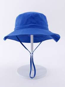 1pc Kids Sun Protection Bucket Hat With Windproof Rope, Simple Solid Color Or Cartoon Print Design, Thin Breathable Bucket Hat, Beach Hat And Bucket Hat Suitable For Daily Travel