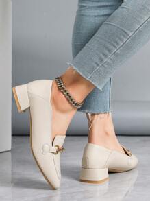 Zapatos casuales versátiles de trabajo de tacón grueso color albaricoque para mujer, mocasines de punta cuadrada