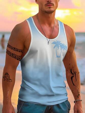 男士夏威夷热带海滩椰子树 3D 数码印花无袖背心、健身和假日 T 恤