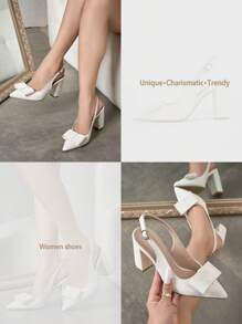 Light Green Pointed Toe High Heel Shoes With Bow And Ankle Strap, Chunky Heel Sandals For Women, Spring/Summer - White - View 3