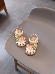 1 Pair Girls Floral PU Hook & Loop Design Children Toddler Sandals, Soft Bottom Princess Walking Shoes, Cute Baby Summer Sandals, Suitable For Spring/Summer/Autumn/Winter