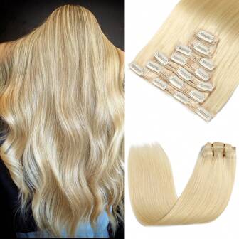 AOSHBAOSH Real Human Hair Clip In Extensions, 7pcs Bleach Blonde Remy Hair, Straight, Premium Thick Hair Extensions For Women (#613 10-22 Inch)