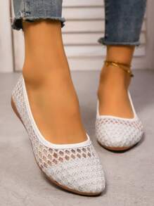 Women's Floral Lace Pattern Ballet Shoes, Slip-On Pointed Toe Mesh Soft Bottom Breathable Comfortable Flat Shoes, Elegant White Ladies Sandals - White (large Net) - View 3