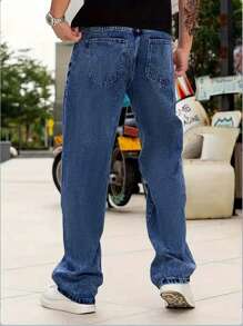 Men's Blue Straight Fit Washed Jeans, High-End Simple Versatile Button Fly Casual Pants, All Season - Blue - View 2