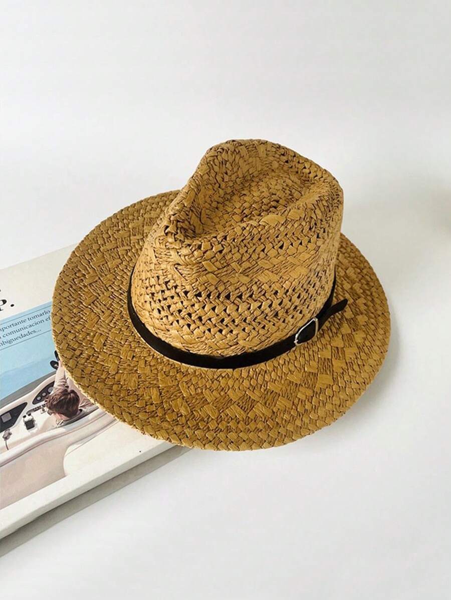 1 件男女通用宽边镂空草编太阳帽，新款休闲夏季透气防晒复古皮革扣装饰平顶帽，适合派对、聚会、日常使用 - A - 查看 1