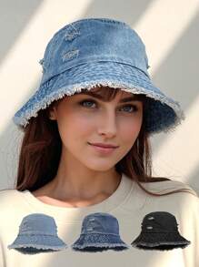 1pc Women's Ripped Fur-Edged Bucket Hat, Sun Hat, Personalized Street Travel Sun Protection Bucket Hat Suitable For Outdoor Travel And Daily Use - Hole Decoration - View 1