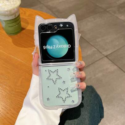 Galaxy Z Flip6 手机壳透明保护套 - 波浪形加固设计适用于 Z Flip5/Z Flip4/Z Flip3 可折叠手机，水钻装饰男女通用手机配件“* 猫耳设计星星图案防水防震防摔防刮