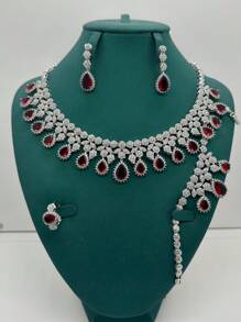Ensemble De Bijoux Rouges De Luxe, Comprenant Un Collier, Des Boucles D'oreilles, Une Bague Et Un Bracelet, Cadeau Parfait Pour La Saint-valentin Et Un Ensemble De Mariée