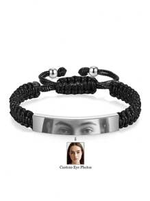 Personalized Couple Photo Bracelet, Custom Eye Photo Bracelet, Adjustable Couple Eye Photo Bracelet, Men's Black Photo Bracelet, Stainless Steel Laser Engraved Image Bracelet, Black Braided Photo Bracelet, Photo Gift For Boyfriend, Women's Photo Bracelet - Silver - View 4