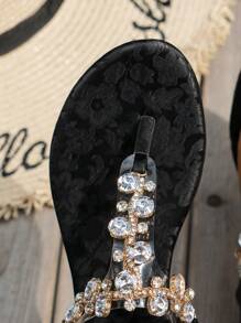 WRCVS 黑色印花平底凉鞋，女士夏季休闲罗马凉鞋，饰有水钻，轻便人字拖，性感派对凉鞋，随机印花图案，沙滩装扮 - 黑色 - 查看 7