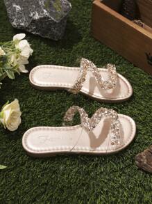 1 双儿童平底圆头 PU 材质舒适凉爽防水防滑拖鞋，时尚百搭水钻装饰透气轻便女童凉鞋，适合户外、派对和居家使用 - 金色 - 查看 7