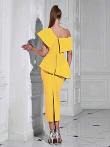 女士绷带紧身性感纽扣层叠连衣裙，派对礼服，婚礼宾客礼服，鸡尾酒会礼服 - 黃色 - 查看 2