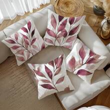 4 piezas Funda de almohada con estampado de hojas en acuarela rosa y púrpura, de 17.7*17.7in (45*45cm) / 19.69*19.69in (50*50cm), de poliéster, impresa por un solo lado, solo funda (sin relleno de almohada), decoración para el hogar, sofá, cama, coche, etc.