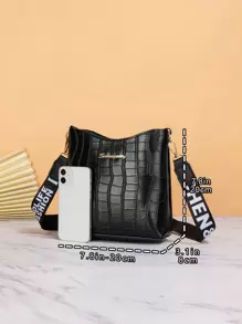 1pc Alligator Pattern Bucket Bag, Wide Strap Crossbody Bag, Mini Diagonal Shoulder Handbag Wallet For Women, Daily, Date, Travel - Black - View 6