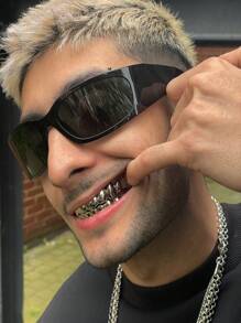 THATBOY 2pcs Punk Cyber Grill Teeth, 18K Gold Plated Shiny Grillz, For Halloween Party - Multicolor - View 6