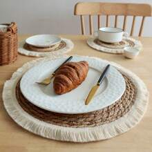 1 pieza /4 piezas /6 piezas Posavasos o manteles individuales redondeados con flecos de estilo bohemio tejidos a mano de manera natural, adecuados para restaurantes, decoración de bodas