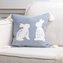 1 pieza Funda de almohada bordada con conejo corriendo, decoración de Pascua para sala de estar y sofá, hecha de fibra de poliéster, sin relleno