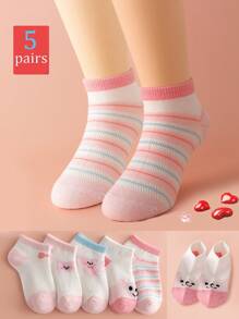 5 双女孩薄款网眼短袜，带有卡通动物和条纹图案，透气，适合春夏季，3-12 岁，可爱舒适的日常穿着 - 粉色 - 查看 1